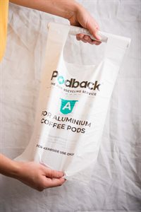 White bag for recycling aluminium coffee pods